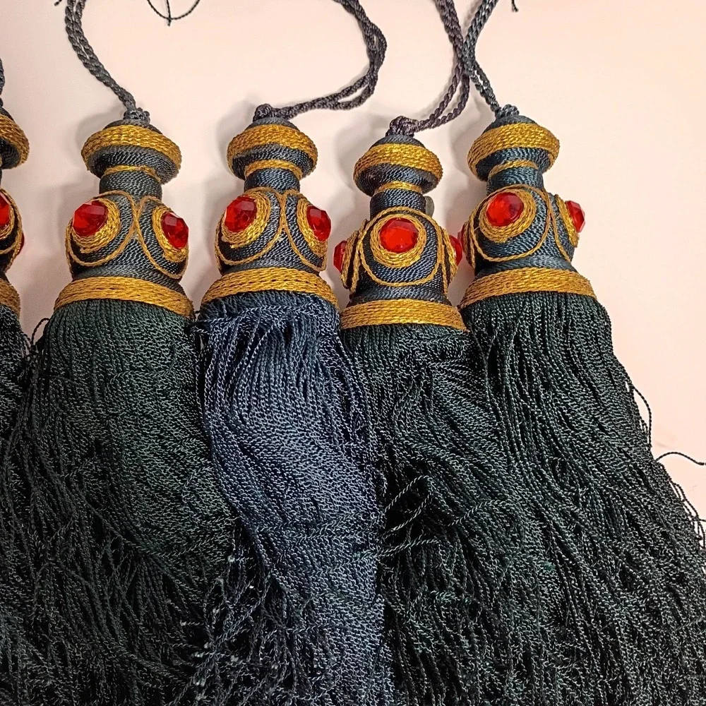 Dark Green Christmas Tassel Ornaments, Lot of 18, Red Gold Accents, Bohemian 7